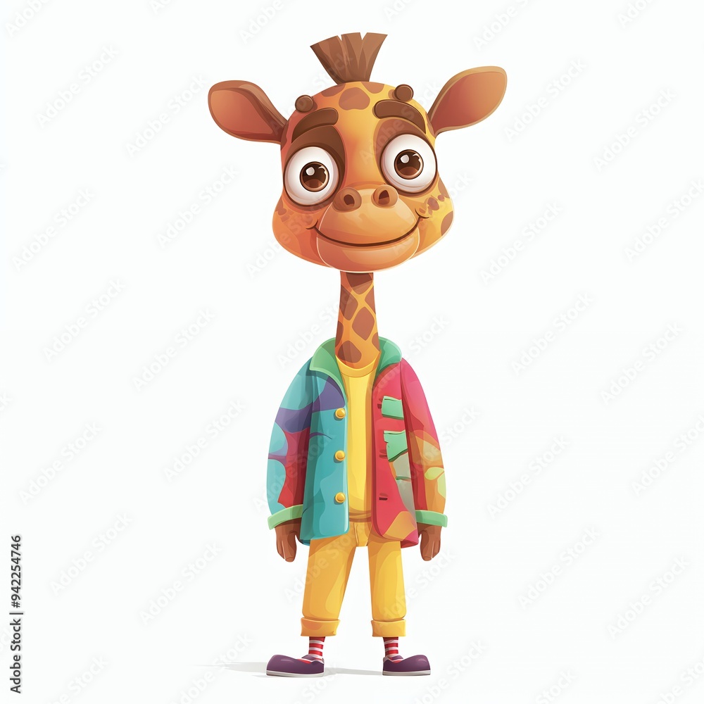 Obraz premium Cute cartoon giraffe character wearing a colorful jacket and yellow pants stands smiling on a white background.