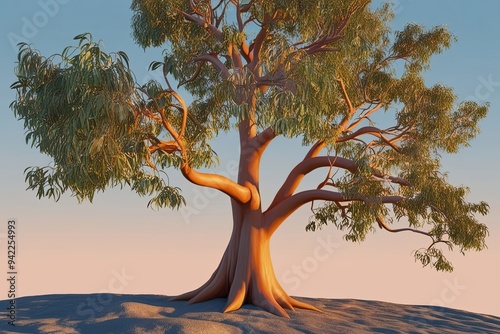 Unique 3D Illustration of Eucalyptus Polyanthemos Tree with Flourishing Branches and Warm Colors photo