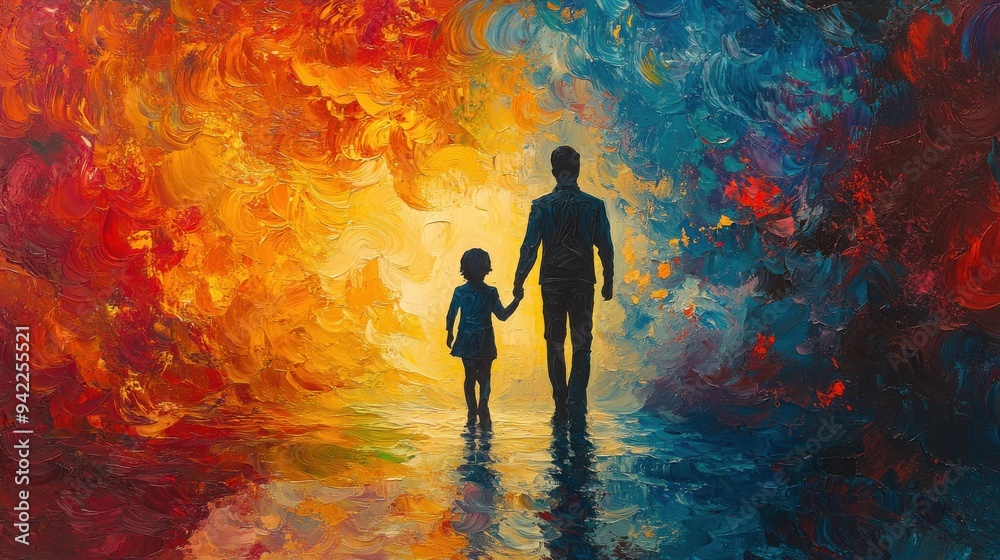 A vibrant, abstract painting of a father and child holding hands, walking into a swirling mix of warm and cool colors.
A vibrant, abstract painting of a father and child holding hands, walking into a swirling mix of warm and cool colors.