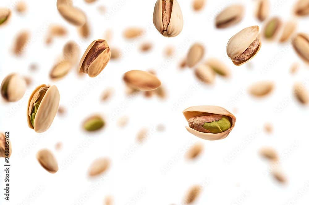 A dynamic display of flying pistachio nuts against a white background. A dynamic display of flying pistachio nuts against a white background.