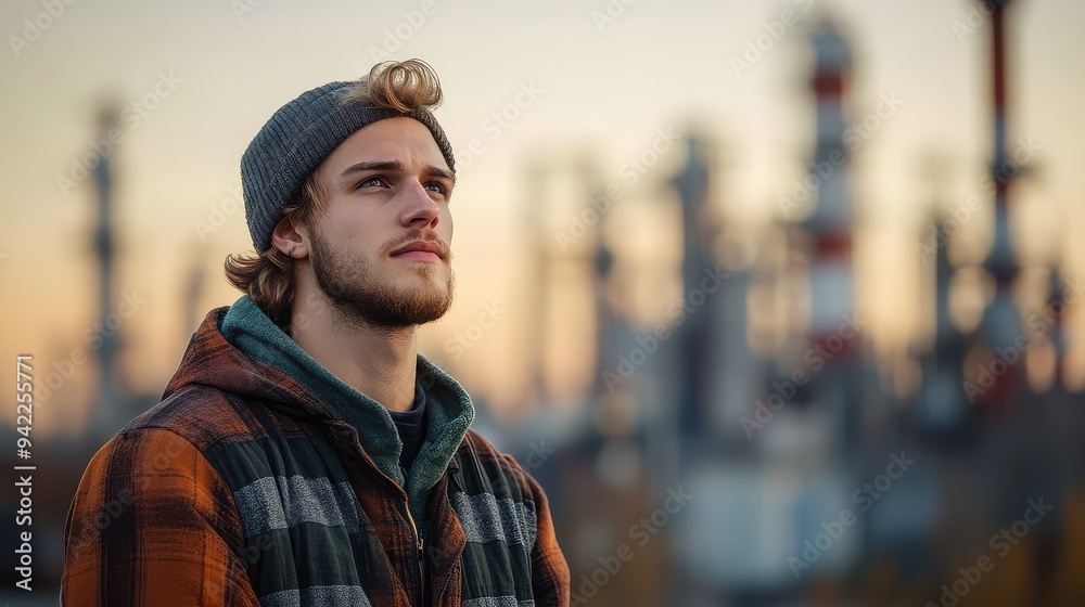 Young Man Standing Thoughtfully Against Industrial Landscape Backdrop - Symbolizing Innovation and Technology Integration in Modern Industry Young Man Standing Thoughtfully Against Industrial Landscape Backdrop - Symbolizing Innovation and Technology Integration in Modern Industry