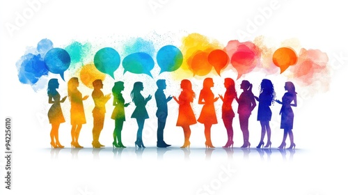 Colorful Silhouettes of People Engaging in Conversation with Creative Speech Bubbles - Vibrant Communication Design