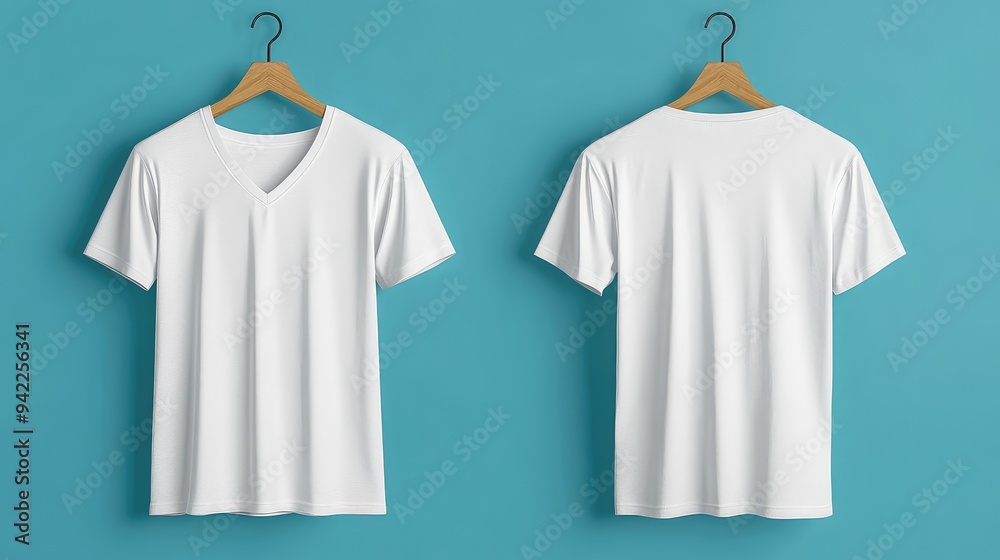 Front and Back View of a White V-Neck Shirt Mock-Up on a Wooden Hanger, Perfect for Fashion Design, E-Commerce, and Apparel Branding, Displaying Clean Lines and Minimalist Style Front and Back View of a White V-Neck Shirt Mock-Up on a Wooden Hanger, Perfect for Fashion Design, E-Commerce, and Apparel Branding, Displaying Clean Lines and Minimalist Style
