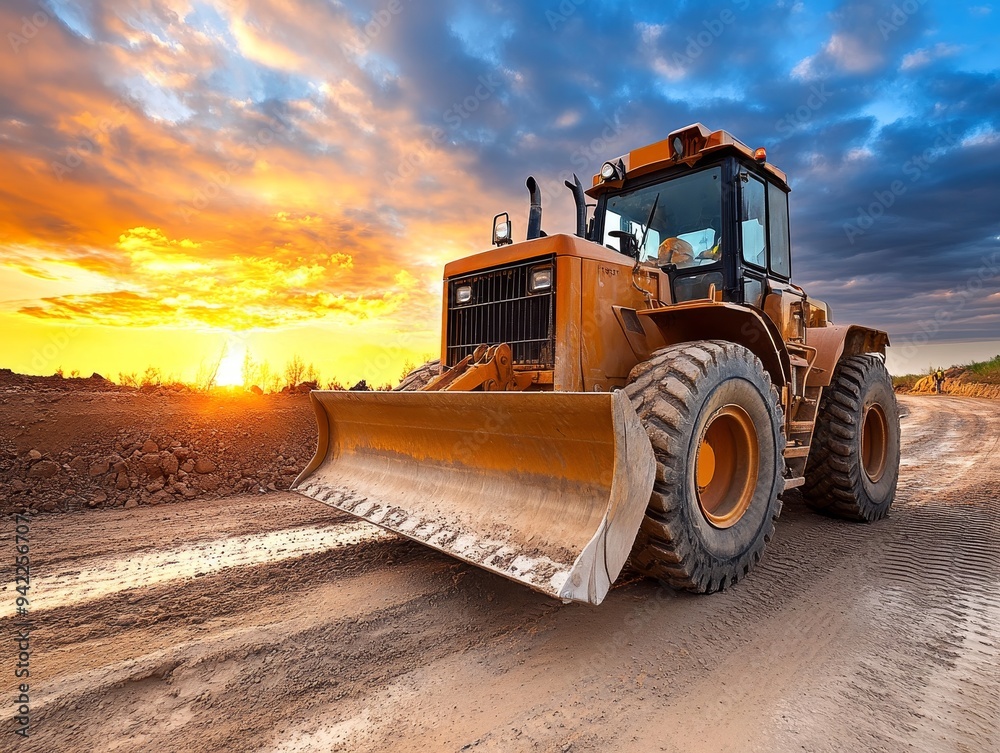 Orange grader operating on road construction at sunset with stunning sky and backhoe in sight Orange grader operating on road construction at sunset with stunning sky and backhoe in sight