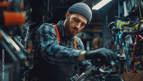 Young mechanic diligently repairing bicycles in a lively and colorful bike shop atmosphere