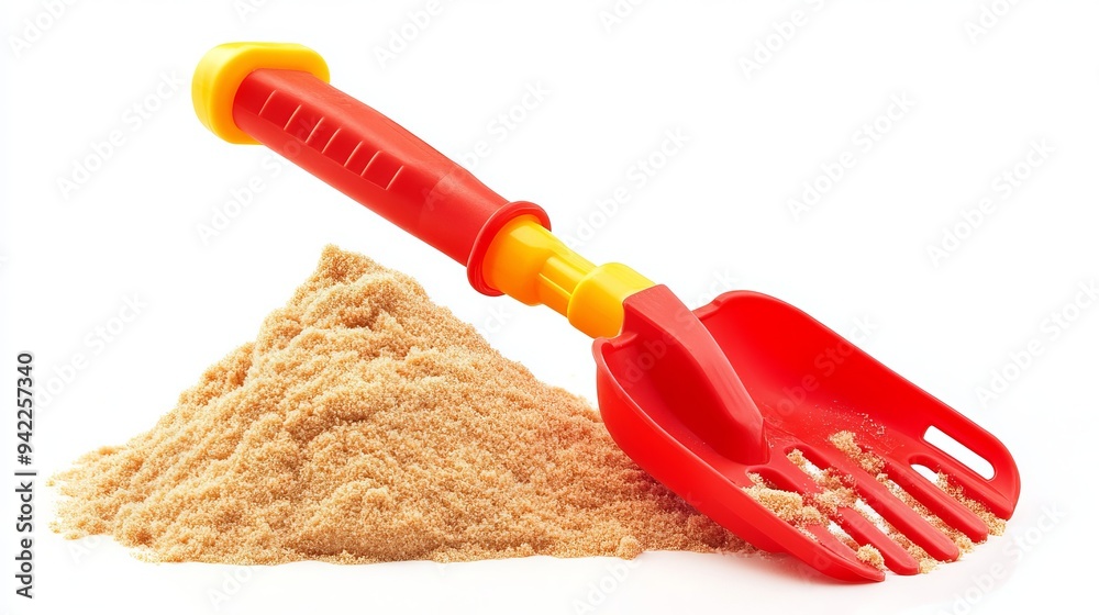 Red plastic shovel and rake placed in sand, a beach toy set isolated on a white background, viewed from the top. Red plastic shovel and rake placed in sand, a beach toy set isolated on a white background, viewed from the top.