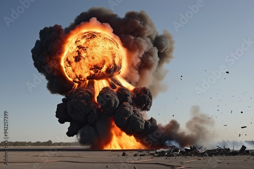 Intense Fireball Releasing Dark Smoke and Debris Against Clear Background