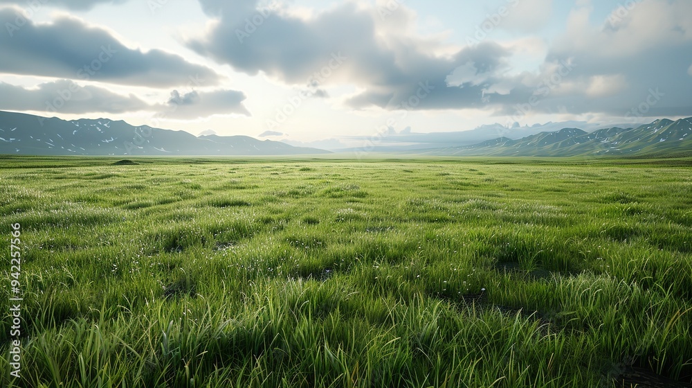 A landscape view of rolling hills covered with green grass, under a dramatic cloudy sky during sunset. A landscape view of rolling hills covered with green grass, under a dramatic cloudy sky during sunset.