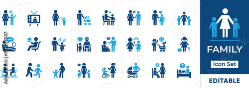 Family Icon Set featuring diverse family structures, relationships, and activities. Perfect for family-oriented websites, apps, and presentations. Editable vector graphics for customization.