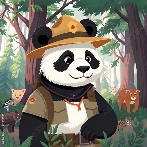 Cartoon panda ranger exploring a vibrant forest with animal friends