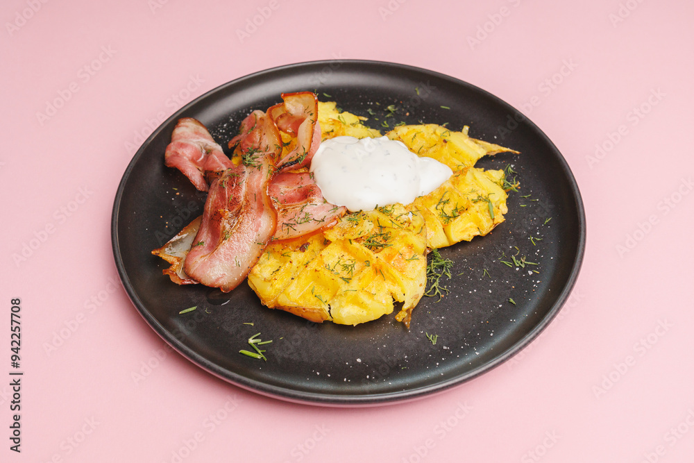Baked potatoes with bacon, hearty breakfast, lunch, brunch. Baked potatoes with bacon, hearty breakfast, lunch, brunch.