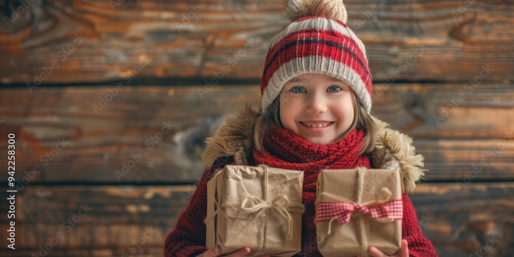 A delightful child in winter attire, holding Christmas presents in the snow, represents joy, gratitude, and the cozy spirit of the holiday season, evoking warmth, love, and festive cheer