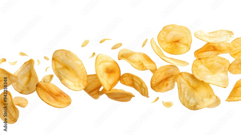 Crispy Potato Chips Falling in Mid-Air Crispy Potato Chips Falling in Mid-Air