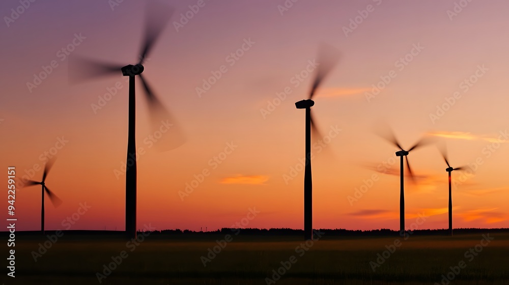 Obraz premium Wind turbines spin against a colorful sunset.