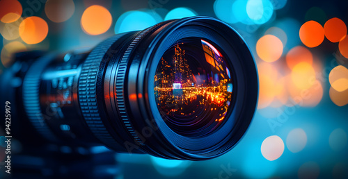 A camera lens with a colorful background