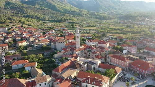 Jelsa, Hvar, Croatia - Aerial View Of The Coastal Town, Croatia. Captivating Drone Footage Of Jelsa On Hvar Island, Croatia, Highlighting The Entire Town Surrounded By The Adriatic Sea In The Summer