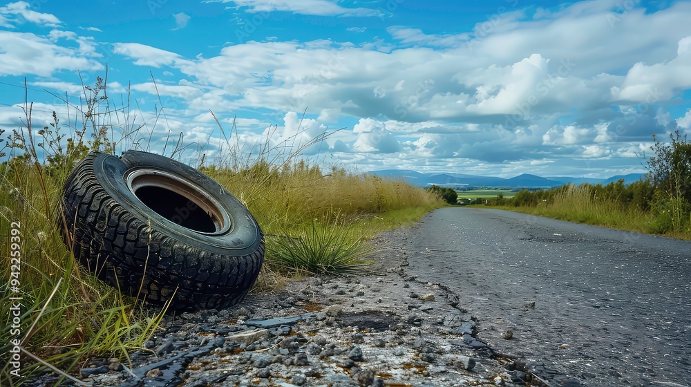 A discarded tire lies on the side of a country road, with a view of the blue sky and distant mountains. A discarded tire lies on the side of a country road, with a view of the blue sky and distant mountains.