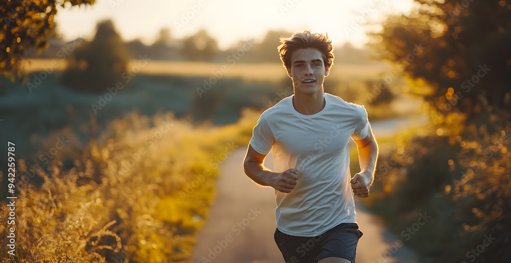 A young man runs down a path in a field A young man runs down a path in a field