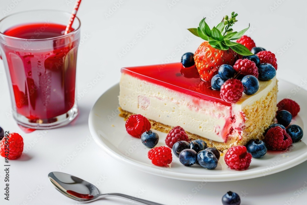 Slice of cheesecake served with fresh berries and a glass of juice, perfect for a dessert or snack Slice of cheesecake served with fresh berries and a glass of juice, perfect for a dessert or snack