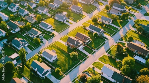 Aerial view of a suburban neighborhood, representing home insurance, with various houses visible