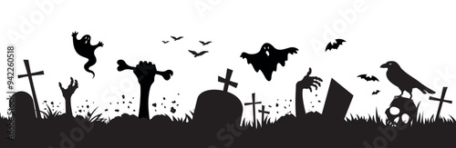 Zombie hands on cemetery silhouette. Terrible hands from the grave, the man's hand is holding bone. Raven perches on skull. Creepy Halloween background with dead people, flying ghosts and bats.
