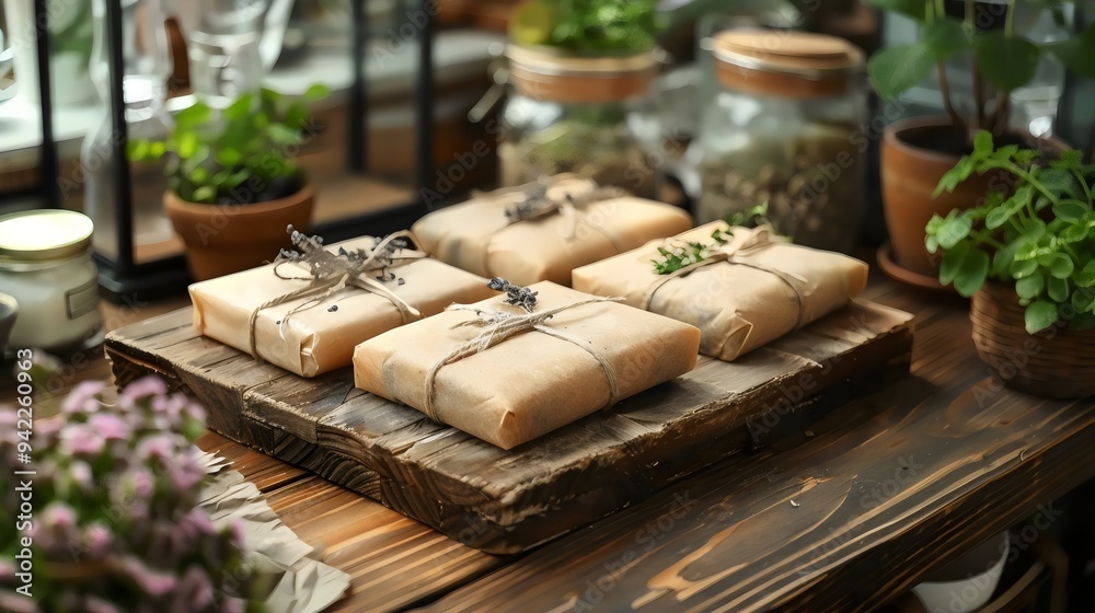 A wooden table with four brown wrapped presents on it A wooden table with four brown wrapped presents on it