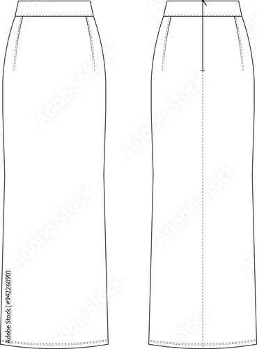 darted zippered body con pencil straight long maxi midi skirt template technical drawing flat sketch cad mockup fashion woman design style model