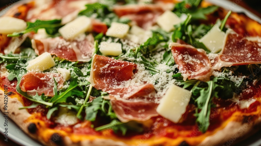 Close-up of a gourmet pizza with thin crust, topped with arugula, prosciutto, and shaved Parmesan cheese Close-up of a gourmet pizza with thin crust, topped with arugula, prosciutto, and shaved Parmesan cheese