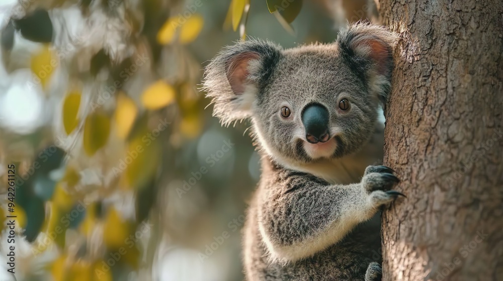 Naklejka premium Close-up of a koala resting in eucalyptus foliage perfect for nature and wildlife photography