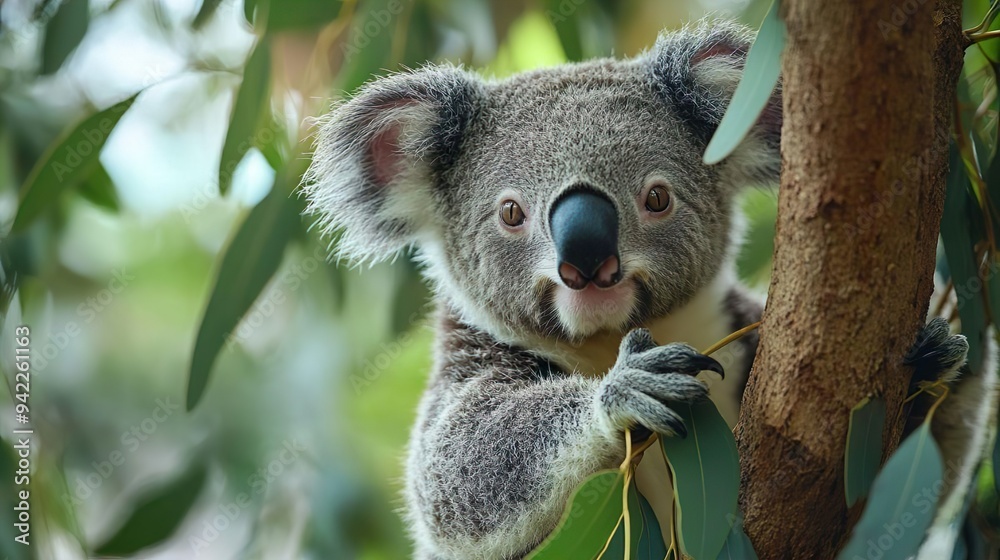Fototapeta premium Koala hugging a eucalyptus tree ideal for capturing the charm of native animals