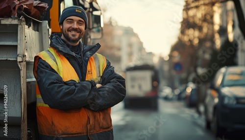 Cheerful young waste collector poses by trash truck while working on urban street cleanup