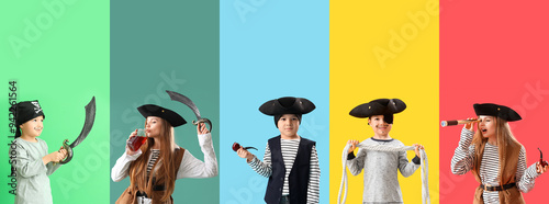 Set of different people dressed as pirates on color background photo