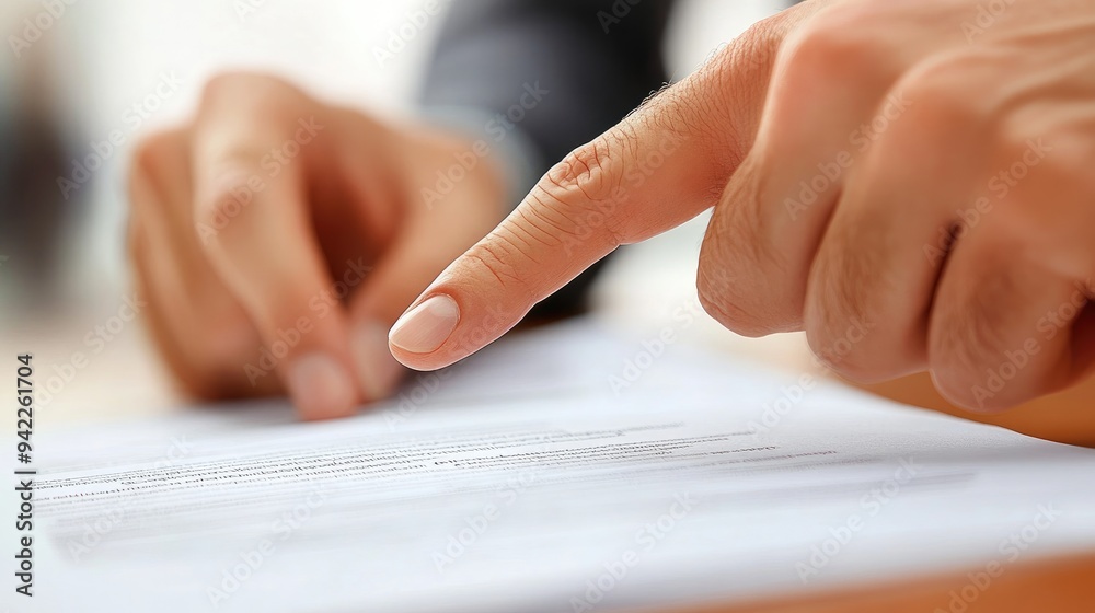 Close-up of an insurance agent hand pointing at key terms in a policy document, explaining details to a client Close-up of an insurance agent hand pointing at key terms in a policy document, explaining details to a client