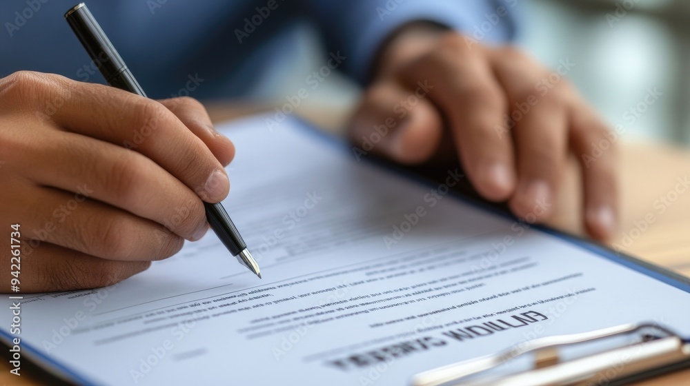 Close-up of hands holding a life insurance policy, with a pen poised to sign the document Close-up of hands holding a life insurance policy, with a pen poised to sign the document