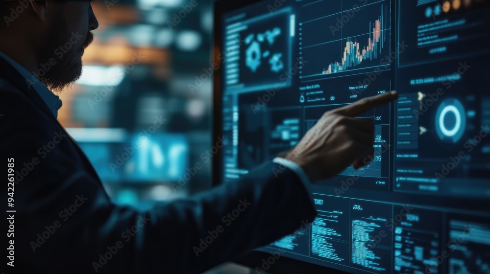 Close-up of a consultant presenting a risk mitigation plan to a client, with key points highlighted on a screen Close-up of a consultant presenting a risk mitigation plan to a client, with key points highlighted on a screen