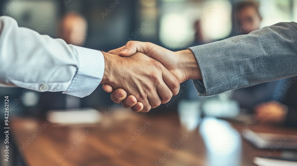 Close-up of consultants and clients shaking hands after a successful project presentation in a boardroom Close-up of consultants and clients shaking hands after a successful project presentation in a boardroom