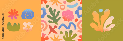 Vector summer cards.Nature elements and artistic seamless pattern.Hand drawn palm,sun,coral,seashell,wave.Trendy designs for banners,smm,branding,packaging, covers,prints.Summer vacation aesthetic