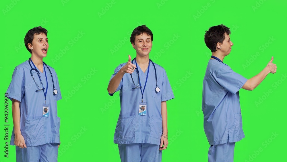 Cheerful nurse giving thumbs up sign against greenscreen backdrop, showing positive gesture with a like. Medical assistant shows her approval, recommending something and being satisfied. Camera B.