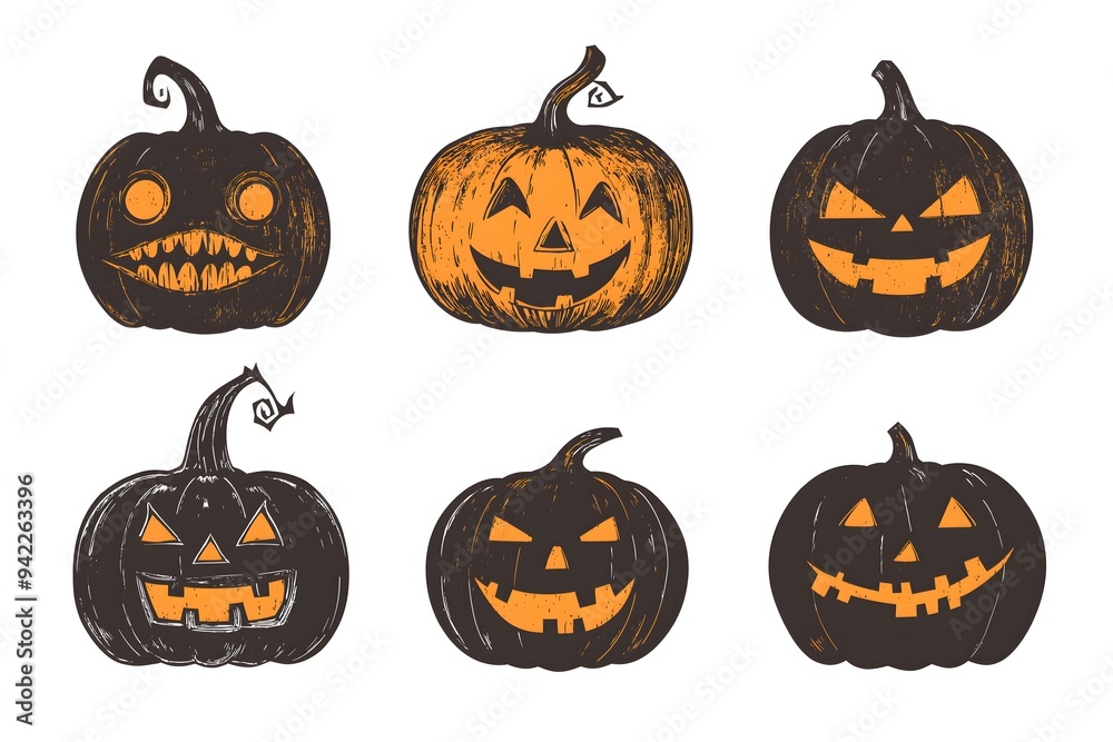 Stylized jack-o'-lantern set with black and orange pumpkins featuring spooky expressions and distressed textures Stylized jack-o'-lantern set with black and orange pumpkins featuring spooky expressions and distressed textures