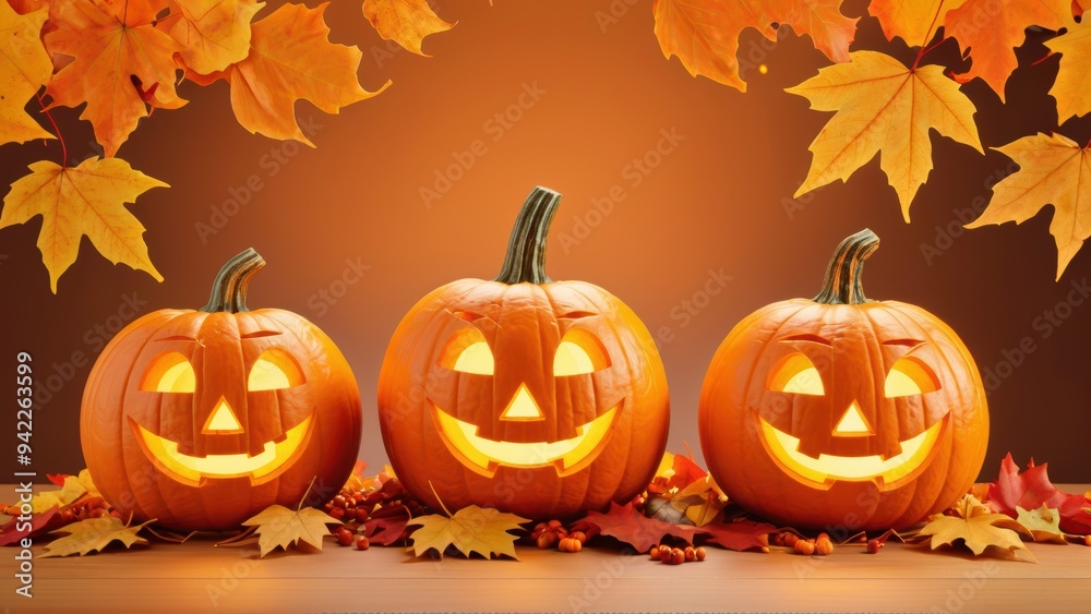 Brightly lit Halloween pumpkins among autumn leaves in cozy setting