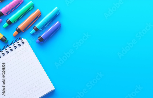 A vibrant and organized workspace featuring a spiral notebook and colorful markers on a bright blue background. Ideal for concepts related to creativity, planning, and education