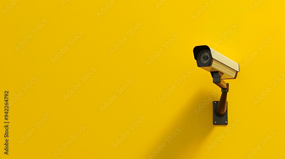 A surveillance camera mounted on a bright yellow wall. A surveillance camera mounted on a bright yellow wall.