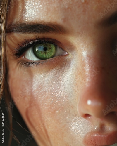 Extreme close-up of woman with green eyes, AI-generative