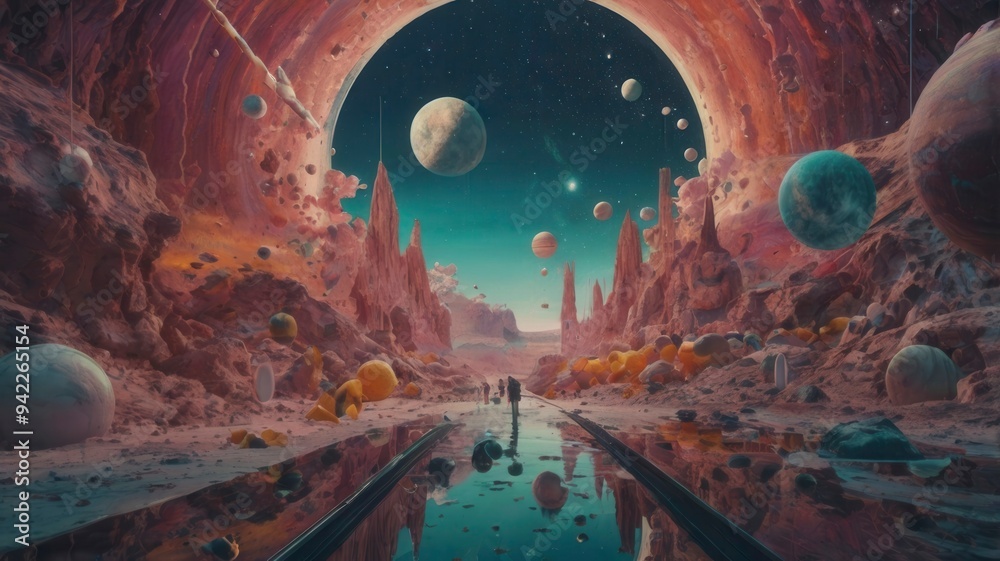 Wallpaper with a retro futuristic sci-fi theme. Astronaut and astronauts exploring planets in outer space. Generative Image Wallpaper with a retro futuristic sci-fi theme. Astronaut and astronauts exploring planets in outer space. Generative Image