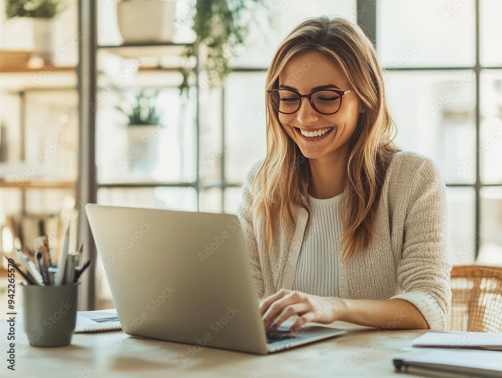 Happy entrepreneur creating a business plan while working on a laptop in a bright home office Happy entrepreneur creating a business plan while working on a laptop in a bright home office