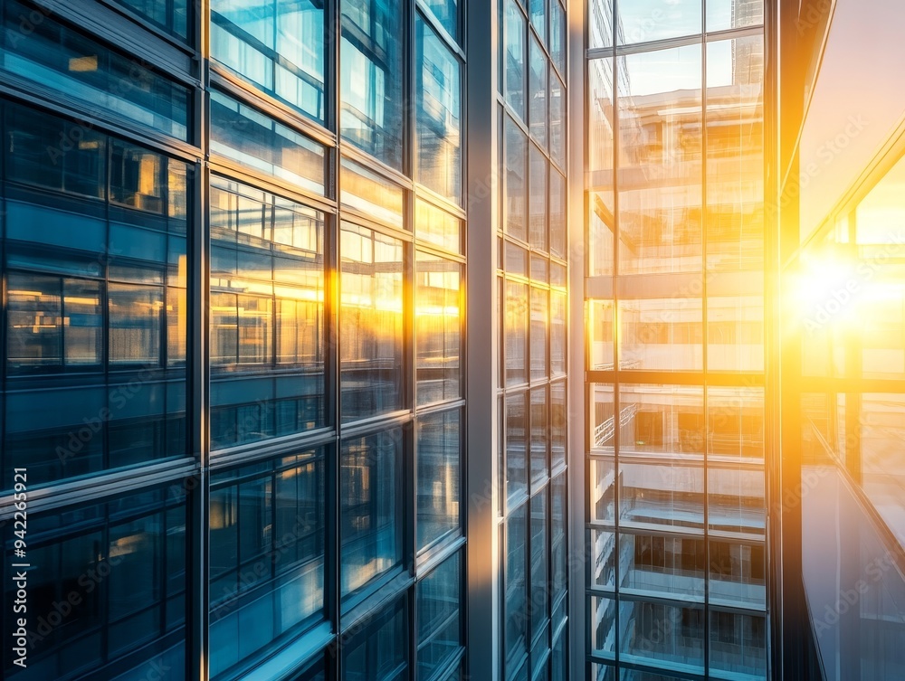 Modern office building with sunlight reflections on glass windows in a business environment