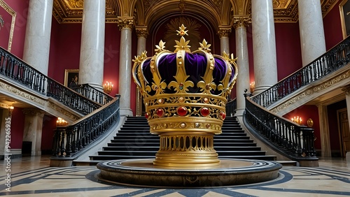 A large golden crown sits on a pedestal at the bottom of a grand staircase in a luxurious building. photo