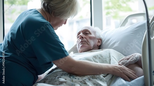 A woman in scrubs leans over a man laying in a hospital bed, gently holding his hand.