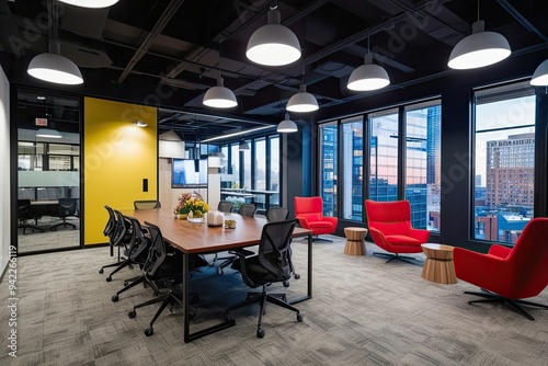 Vibrant Contemporary Workplace Environments Showcasing Stylish Office Interiors photo