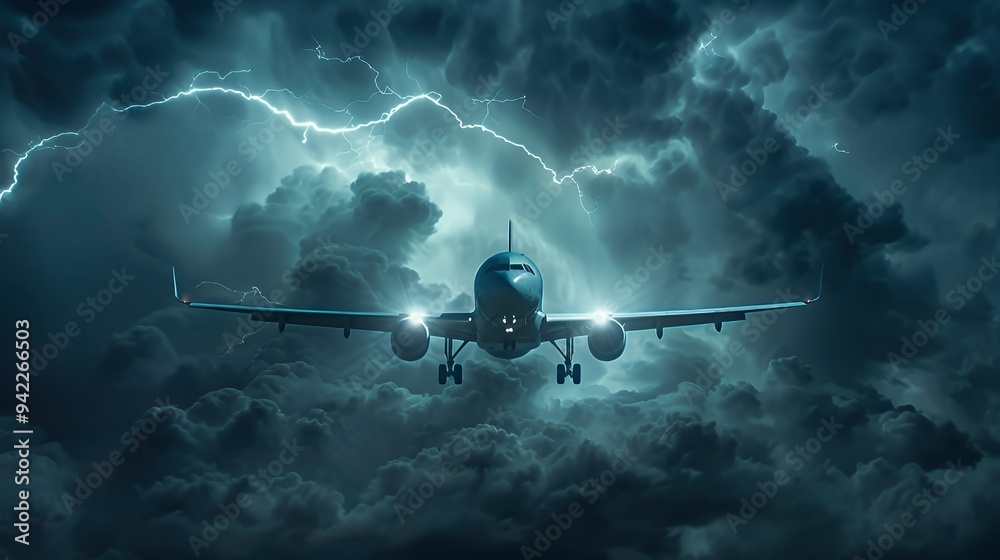 Fototapeta premium An airplane flying through a stormy sky with lightning and dark clouds.